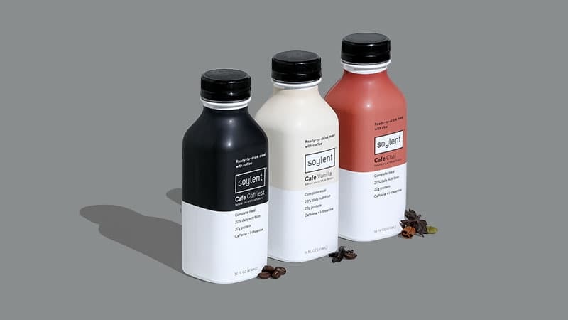 Three bottles of Soylent Cafe. Coffiest, Vanilla and Chai.